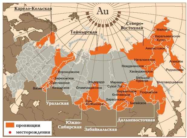 Карта добычи золота в России