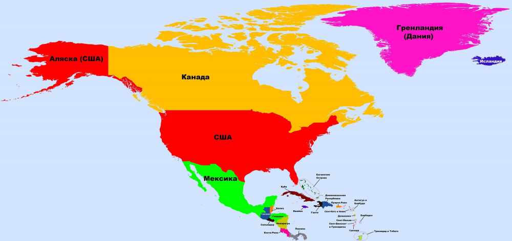 Страны Северной Америки: карта и таблица с названиями государств и ...